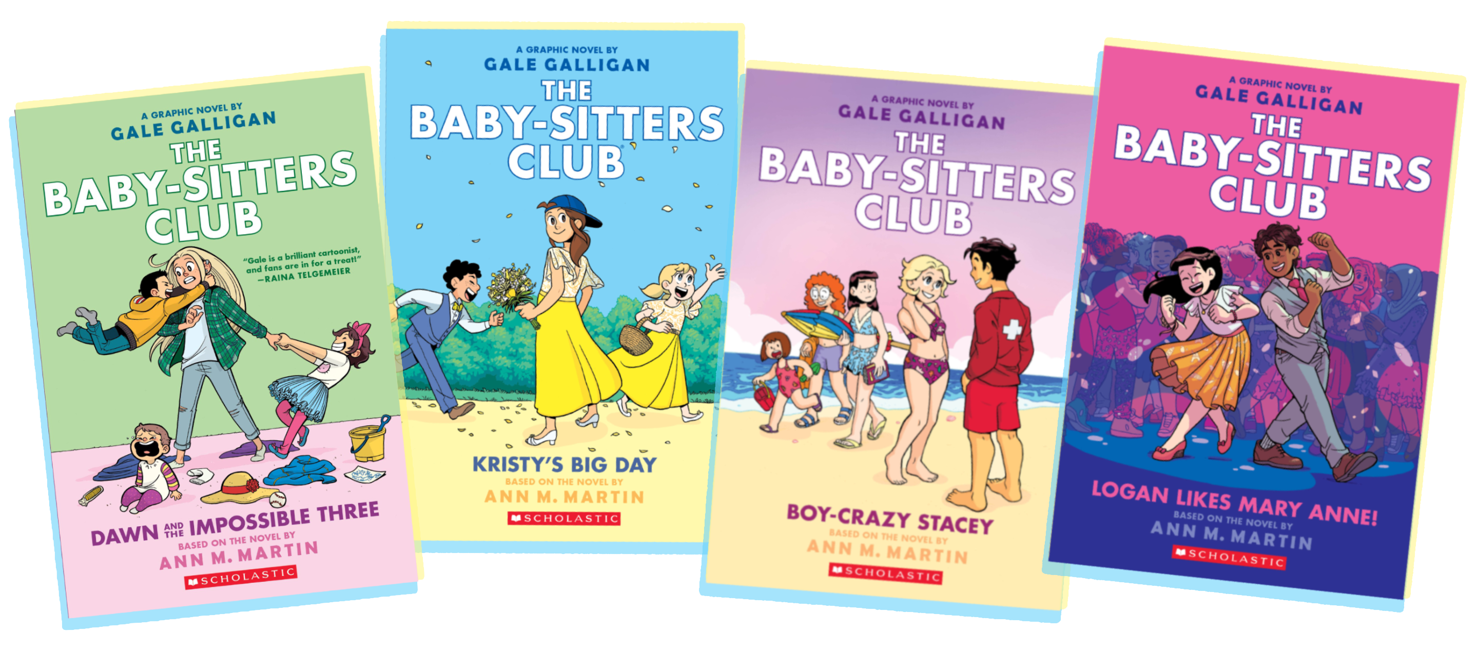 The covers of Baby-Sitters Club Graphix volumes 5 through 8 side by side.