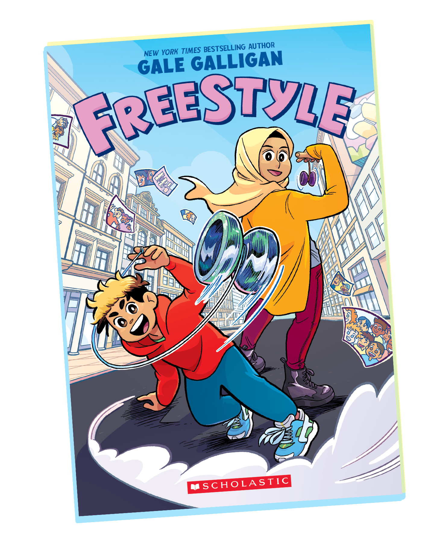 The cover for a graphic novel named FREESTYLE by Gale Galligan. Two children pose with yo-yos in front of a city street.