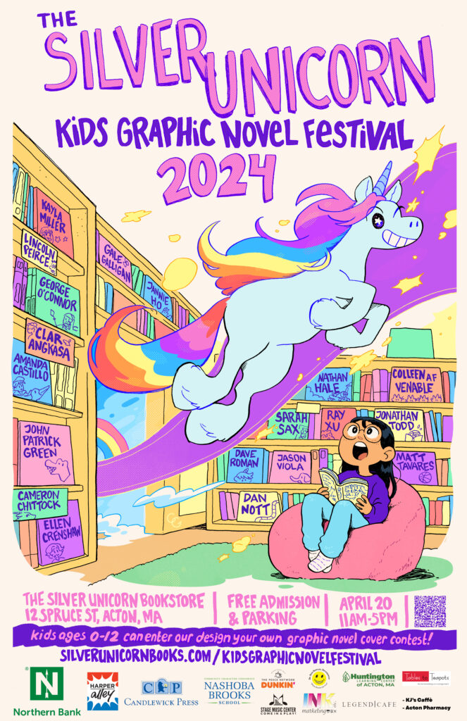 Poster for the Silver Unicorn Kids Graphic Novel Festival 2024. A unicorn flies through a bookstore, surprising a child reader.