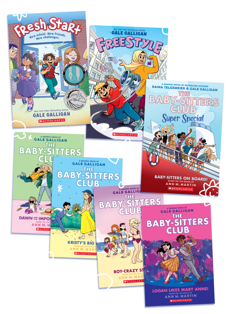 Collage of book covers: Fresh Start, Freestyle, Baby-Sitters Club Graphix #5-8, Baby-Sitters Super Special #1.